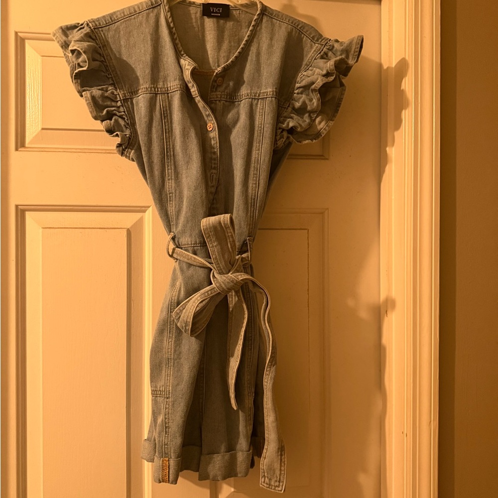Vici Light Blue Denim Romper with Ruffle Detail